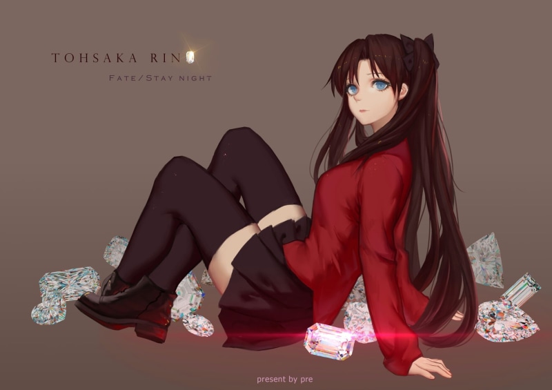Tohsaka Rin, clothing, anime girls, young adult, red, fashion, adult, real people, disguise, text, women, lifestyles, hairstyle, leisure activity, indoors