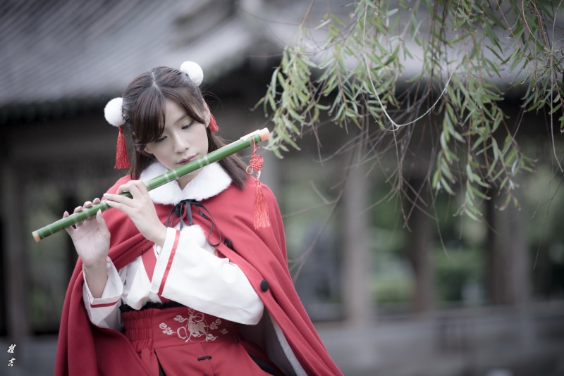 clothing, focus on foreground, holding, innocence, females, portrait, flute, Asian, women, outdoors, young adult, one person, young women, lifestyles, hanfu