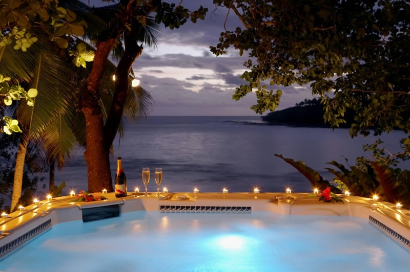 2K, island, clear, flute, candlelight, view, tropical, south-pacific, champagne, glass, sunset, paradise, two, ocean, bath, jacuzzi, fiji, candles