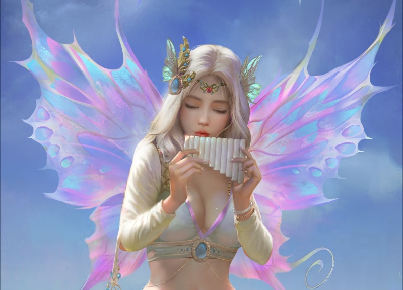 flute, women, cleavage, wings, digital art, fantasy girl, Yakun Wang, 1080P, blonde