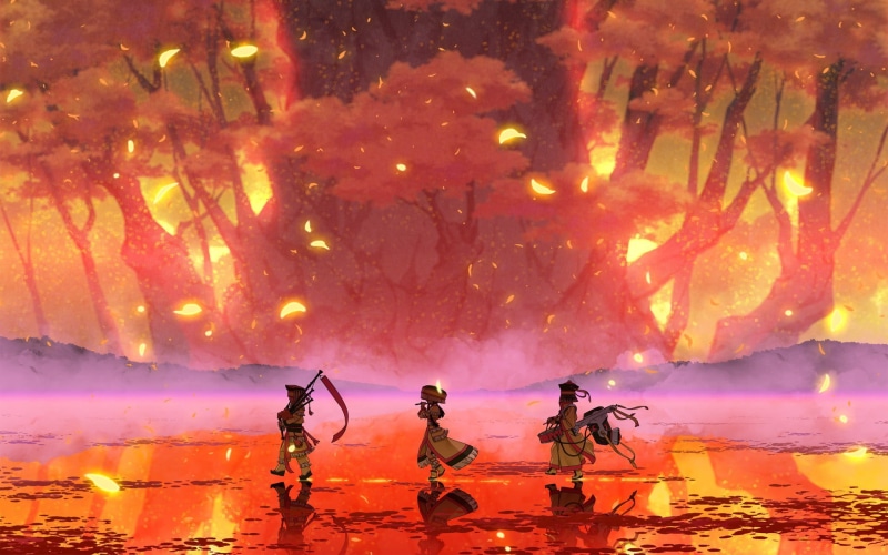 light - Natural Phenomenon, night, water, celebration, real people, illustration, three, orange Color, surrounded, flute, nature, warrior, togetherness