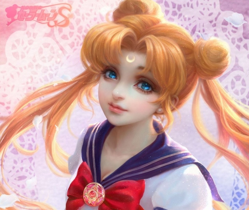blue eyes, blonde, princess serenity, dyed red hair, women, adult, young women, twintails, floral pattern, hair, sailor moon, semi realistic, long hair