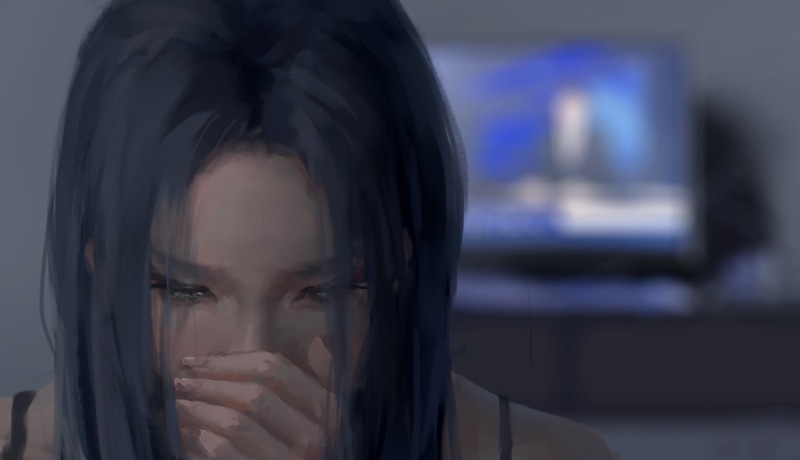 focus on foreground, hairstyle, human body part, looking, emotion, lifestyles, one person, close-up, painting, Anime, young women, front view, human face