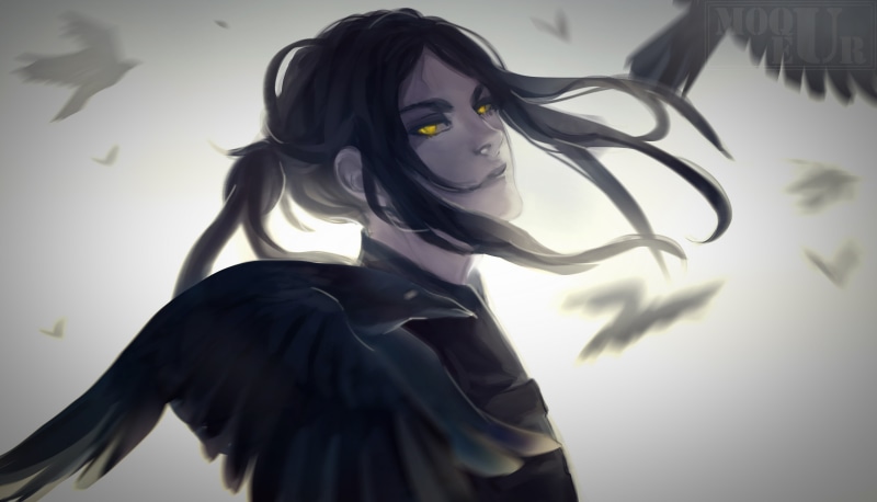 fashion, semi realistic, Anime, beautiful woman, 5K, hair, waist up, veil, adult, crows, lifestyles, beauty, women, cool, studio shot, long hair, young adult
