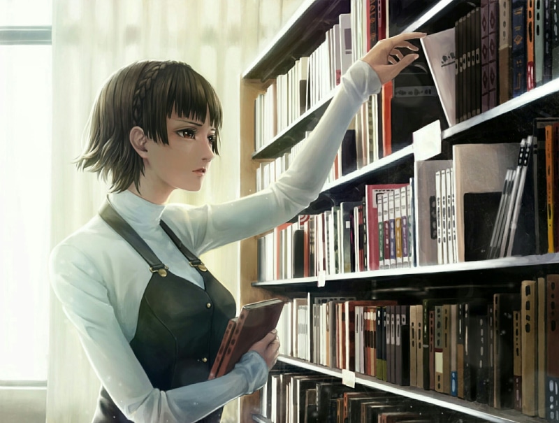 student, young adult, school, one person, studying, bangs, standing, portrait, publication, semi realistic, looking at camera, shelf, persona 5, book, short hair