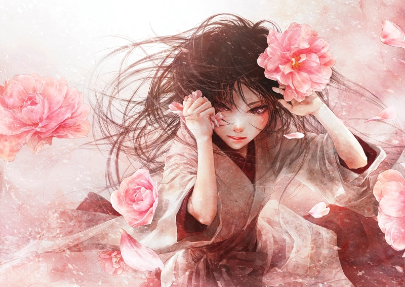 beauty in nature, eyes closed, nature, flowering plant, human hair, outdoors, pink rose, long hair, young women, hair, Anime, make-up, pink color, wind