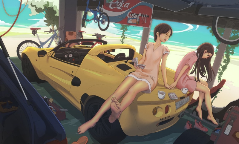 hairstyle, meganekko, transportation, lifestyles, motor vehicle, women, day, full length, mode of transportation, leisure activity, two people, anime girls