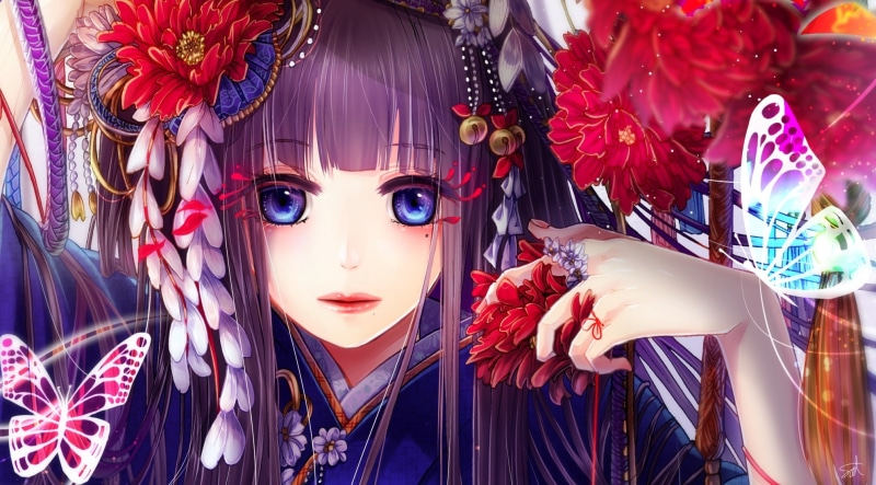 adult, indoors, anime girl, red, young adult, arts culture and entertainment, women, Anime, hairstyle, looking at camera, close-up, beauty, butterfly, real people