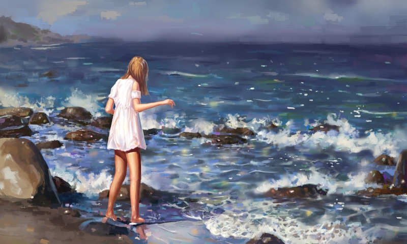 4K, rear view, one person, lifestyles, young women, adult, anime girl, rocks, young adult, water, standing, outdoors, fashion, full length, women, summer dress