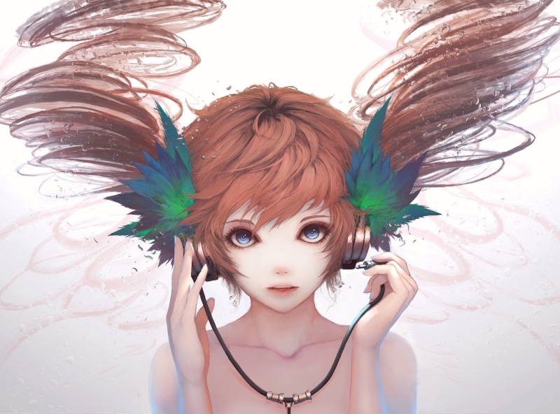 adult, 1080P, looking at camera, young adult, indoors, feather, headdress, Anime, beautiful woman, portrait, headshot, women, headphones, hairstyle, leisure activity