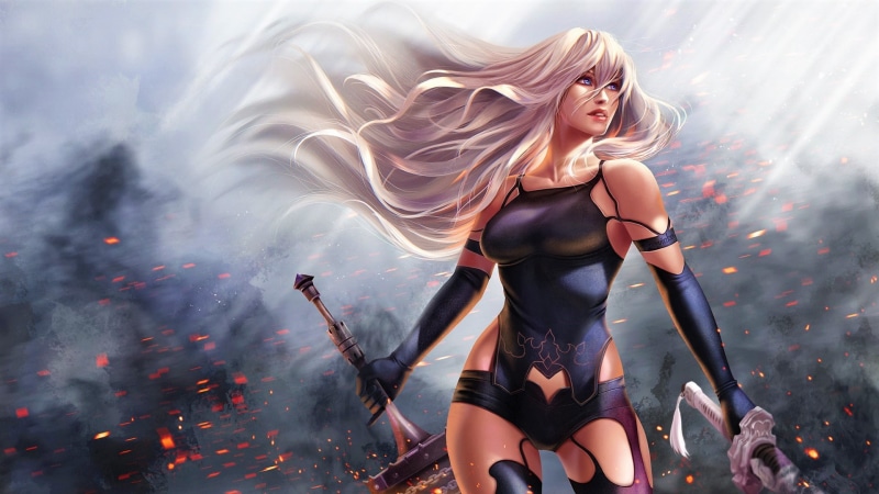 YoRHa Type A No.2, Fantasy, Girl, 1080P, Warrior, Woman, Weapon, Video Game, NieR: Automata, White Hair, Long Hair