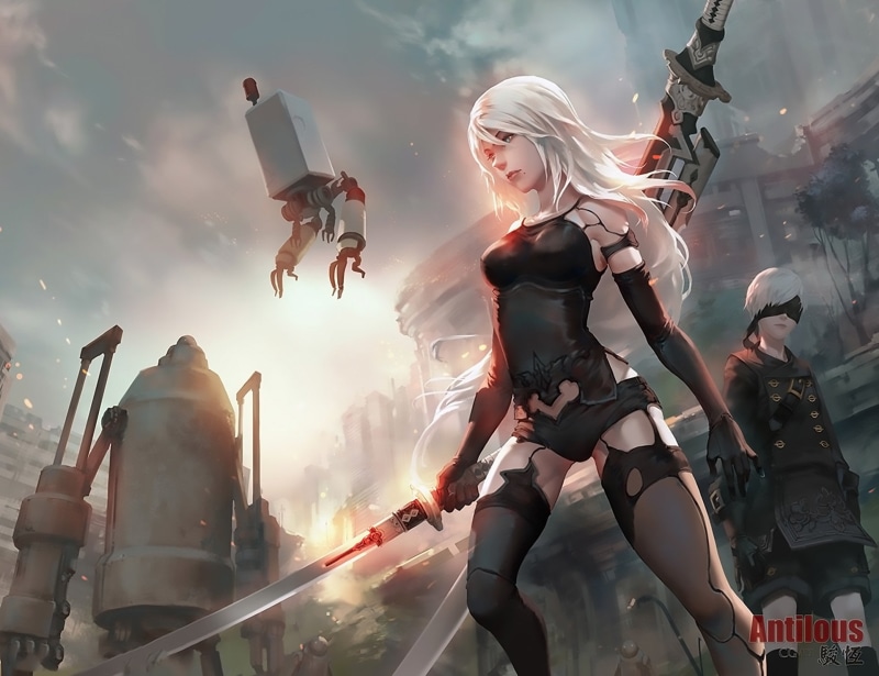 Video Game, real people, YoRHa Type A No.2, young women, cloud - sky, people, arts culture and entertainment, adult, outdoors, women, representation, young adult