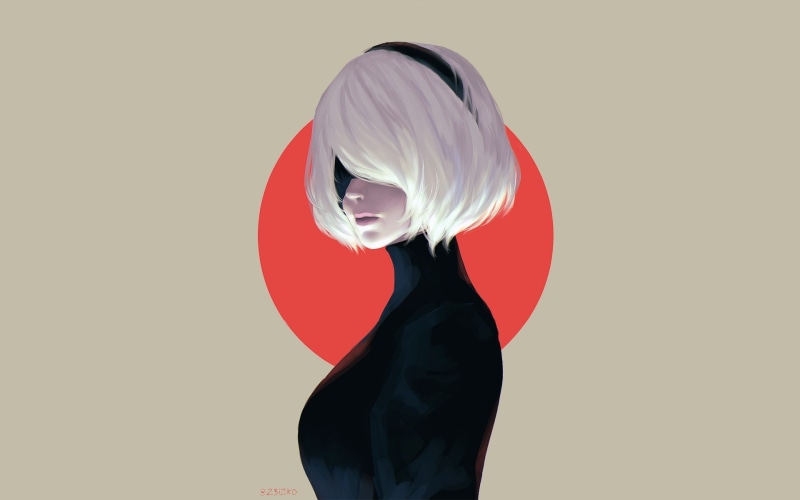 hairstyle, adult, beautiful woman, waist up, yorha no.2 type b, obscured face, women, colored background, white background, anime style, white hair, portrait
