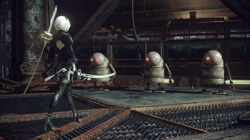 architecture, security, illuminated, two people, 1080P, factory, industry, equipment, Thigh Boots, protection, technology, NieR: Automata, occupation