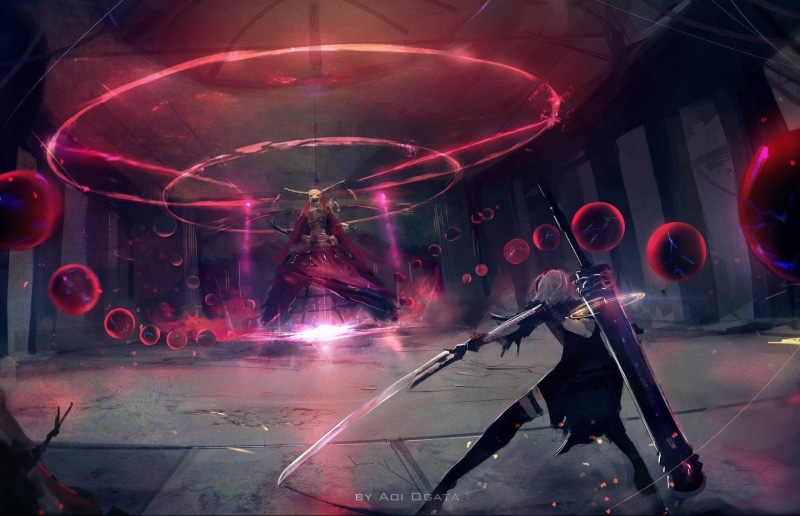 Short Hair, Thigh Boots, Girl, YoRHa No.2 Type B, Headband, Katana, White Hair, NieR: Automata, Sword, 1080P, Glow, Orb, Dress, Black Dress, Video Game