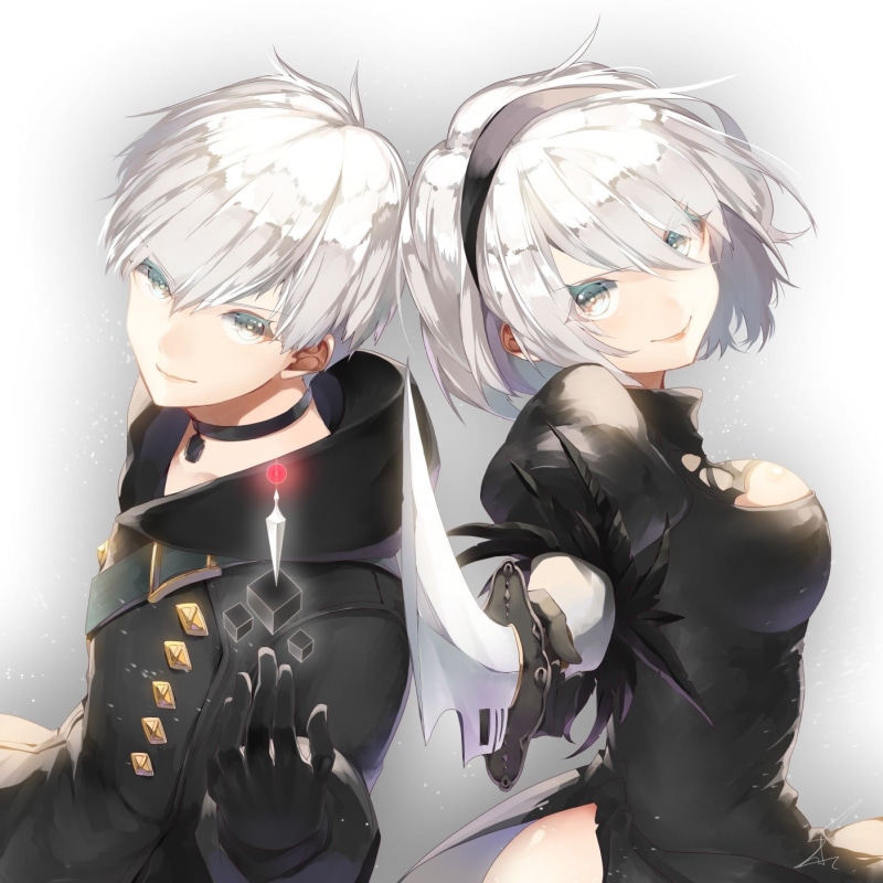 female, real people, characters, 2B (Nier: Automata), 9S, 720P, lifestyles, sword, art and craft, anime, hairstyle, young women, indoors, looking at camera