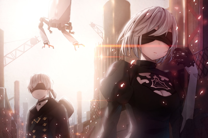 industrial city, video games, sunlight, blindfold, 2B, cleavage, men, real people, architecture, leisure activity, nature, sparks, white hair, group of people