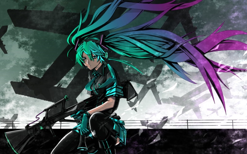 Hatsune Miku, Vocaloid, green, side view, men, security, art and craft, anime girls, helmet, lifestyles, leisure activity, clothing, headwear