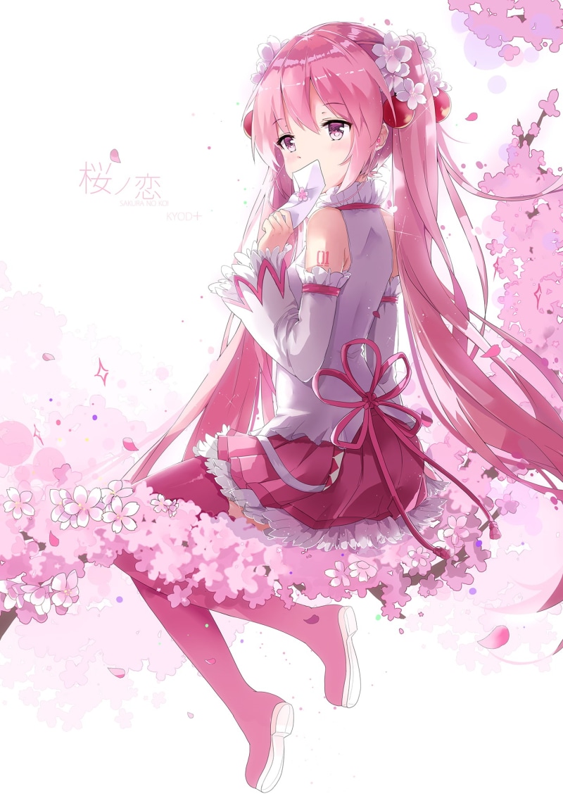 thigh-highs, plant, indoors, portrait, young adult, flowering plant, purple, pink color, pink hair, females, women, anime, long hair, beauty, nature, studio shot