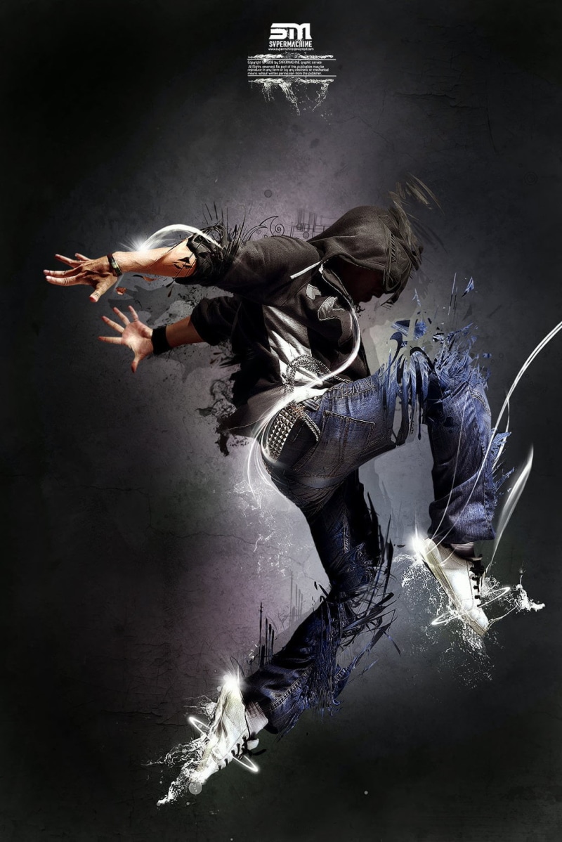 indoors, artwork, water, digital composite, shirt, black background, young adult, clothing, activity, smoke - physical structure, mid adult, sport, jumping