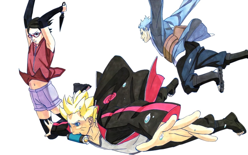 Boruto Uzumaki, Sarada Uchiha, 1080P, sport, sky, casual clothing, studio shot, leisure activity, Boruto, Anime, full length, shoe, people, lifestyles