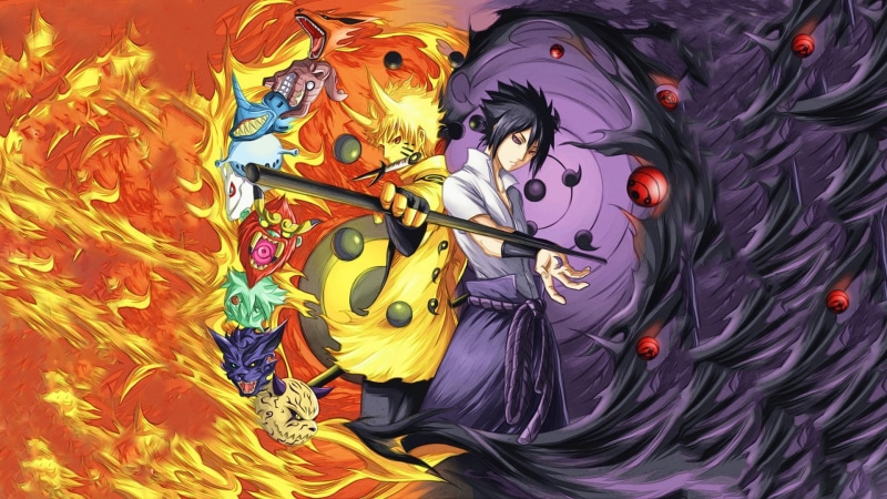 Anime Boys, Bijuu, Sharingan, Manga, 1080P, fire, Rinnegan, Uzumaki Naruto, Uchiha Sasuke, Naruto Shippuuden
