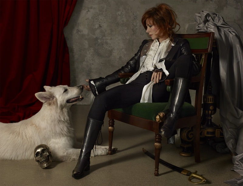 by the window, Mylène Farmer, boots, redhead, leather clothing, sabre, 4K, satin, French, skull, wolf, singer