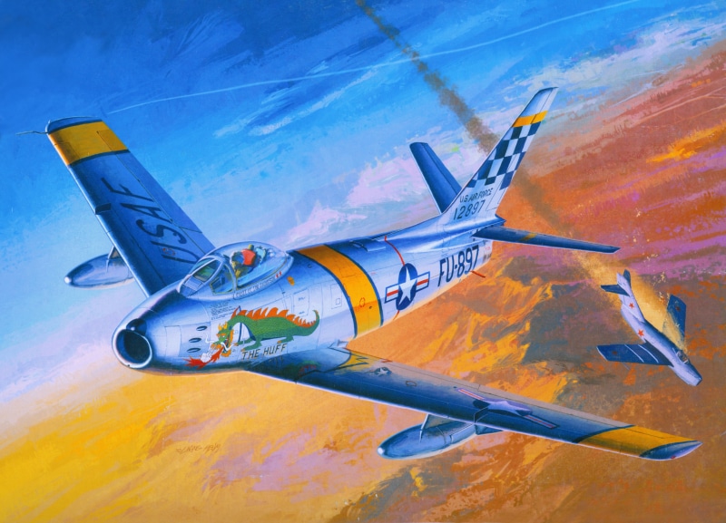 jet fighters, figure, the sky, aircraft, " Sabre", The Korean war 1950-1953, art, F-86, The MiG-15, 5K, North, downed, American, Soviet