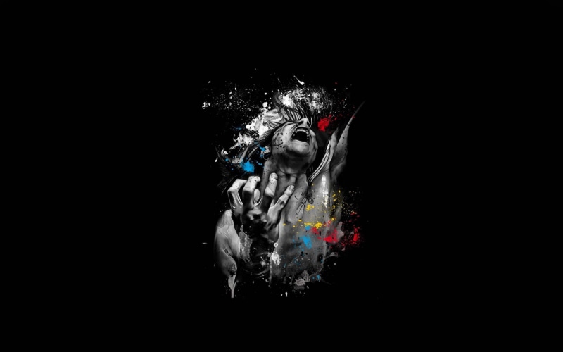 underwater, nature, splashing, human body part, one person, black background, close-up, water, front view, 2K, swimming, studio shot, minimalism, human face