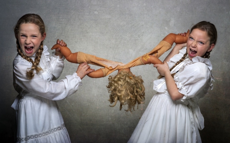 waist up, aggression, emotion, anger, offspring, togetherness, child, indoors, untitled, childhood, screaming, girls, standing, women, sister, puppets