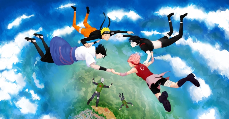 people, young Adult, Uchiha Sasuke, outdoors, cloud - sky, men, sport, friendship, jumping, naruto, Haruno Sakura, togetherness, mid-Air, women
