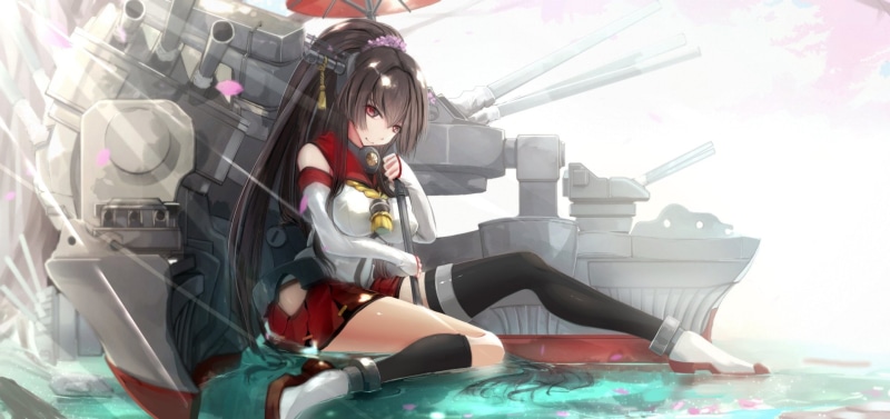 Ponytail, Sunbeam, Girl, Shoe, Umbrella, School Uniform, Thigh Highs, Black Hair, 1080P, Kantai Collection, Anime, Smile, Red Eyes, Long Hair, Blush, Yamato (Naruto)