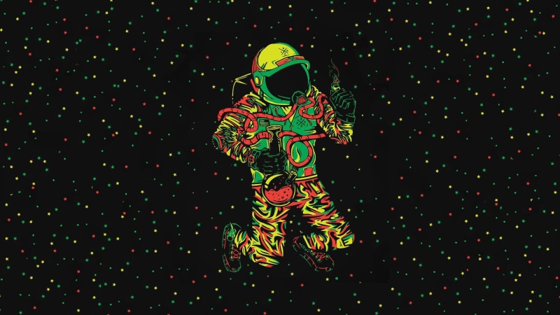 illuminated, multi colored, one person, front view, mask, space astronaut bong cannabis, black background, studio shot, three quarter length, representation