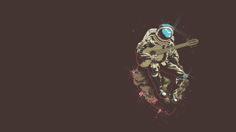 still life, 1080P, guitar, technology, astronaut, equipment, indoors, art and craft, celebration, obscured face, black background, mask, no people, cut out