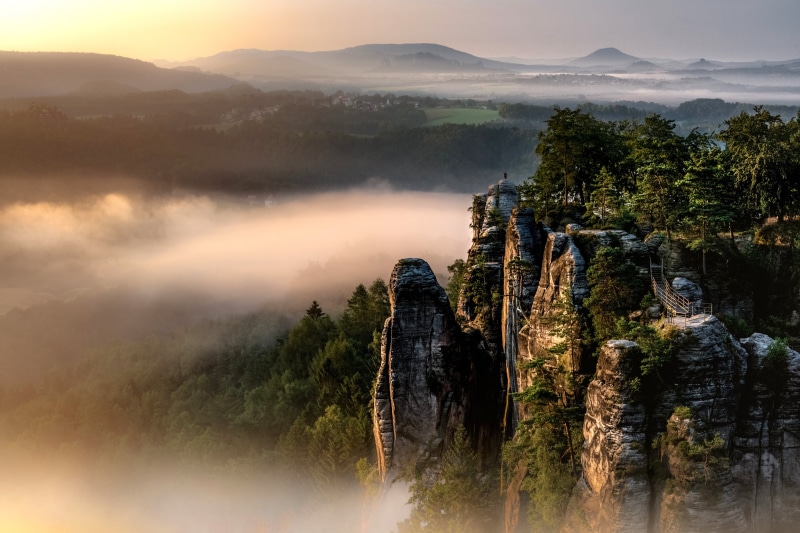 nature, castle  rock, rock castle, sunrise - Dawn, mist, Bastei, Felsenburg, Saxon Switzerland, green mountain, Saxony, green, sunrise, outdoor, sunset