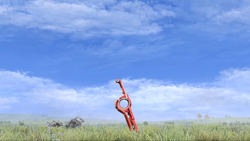 Xenoblade Chronicles, grass, casual clothing, handstand, outdoors, land, sword, green, plant, one person, sky, landscape, nature, field, full length, lifestyles