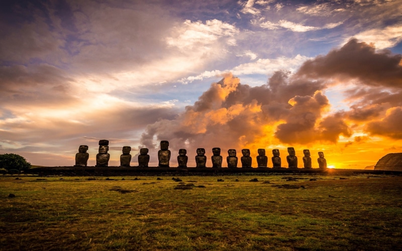 sky, scenics - nature, beauty in nature, sunrise, Moai, landscape, architecture, sunset, environment, history, ancient civilization, 1080P, ancient, island