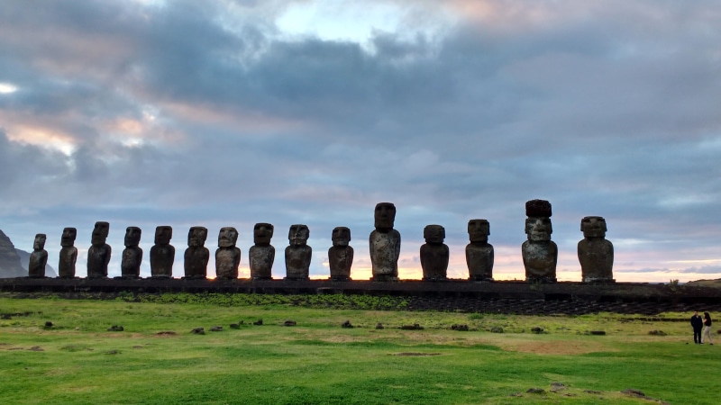 island, no people, statue, sky, history, easter, overcast, ancient civilization, grass, environment, pacific, 4K, cloud - sky, ancient, landmark, tongariki