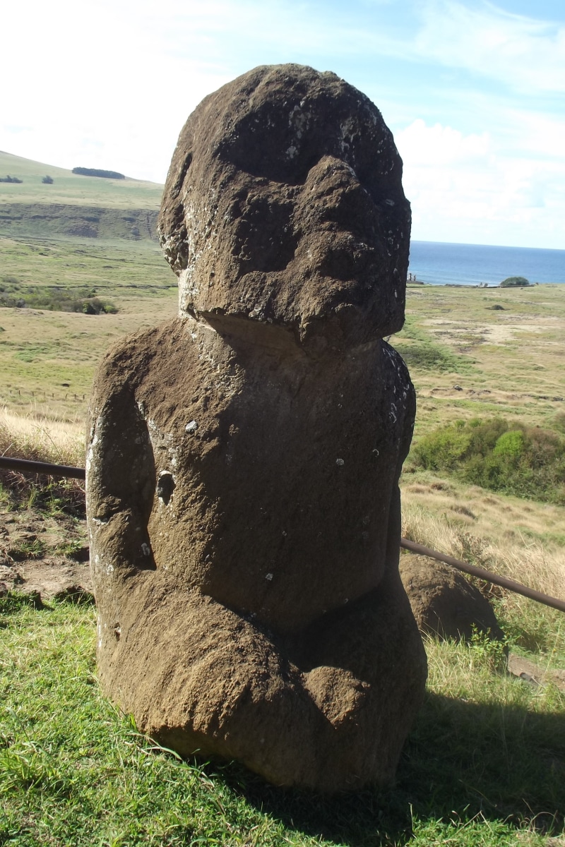 landscape, rapa nui, sunlight, solid, sky, outdoors, ancient, environment, chile, tranquility, art and craft, moai Statue, non-urban scene, rock - object
