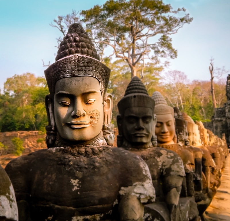 bridge, monument, travel, sculpture, old, landmark, architecture, asia, famous, buddhism, temple, old ruin, built structure, civilization, siem, bayon