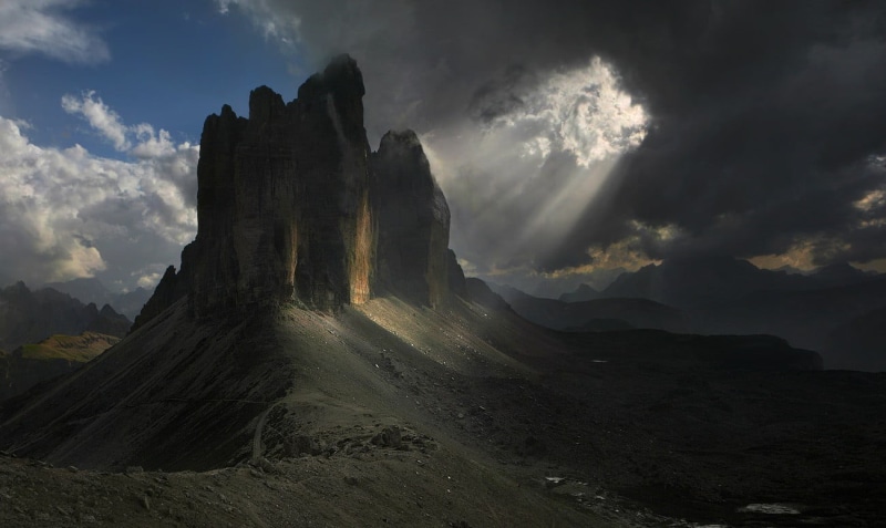 mountain peak, sun rays, scenics - nature, outdoors, sky, Alps, rock, cloud - sky, mountain range, sunlight, Dolomites (mountains), tranquility, landscape