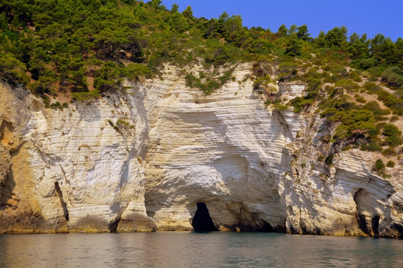 layered, water, puglia, rock, tranquility, sea, sandstone, tree, rock - object, geology, day, landscape, italy, gargano, solid, nature, land, stone, formation