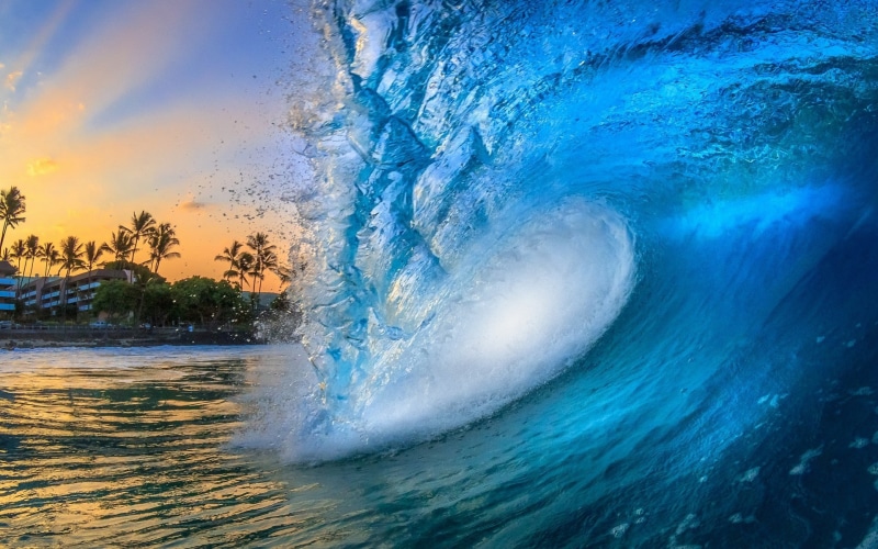 water, sun rays, sea, nature, palm trees, waves, Hawaii, blue, 1080P, beach, building, landscape