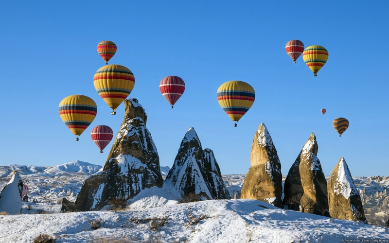 travel, mountains, outdoors, hot air balloons, nature, adventure, landscape, snow, no people, sky, flying, s, multi colored, day, white, winter, cold temperature