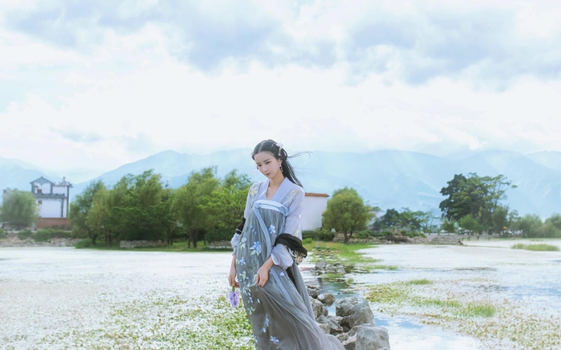 hair, black hair, three quarter length, young women, sky, black, nature, dress, women, men, 1080P, hanfu, leisure activity, field, tree, Chinese dress