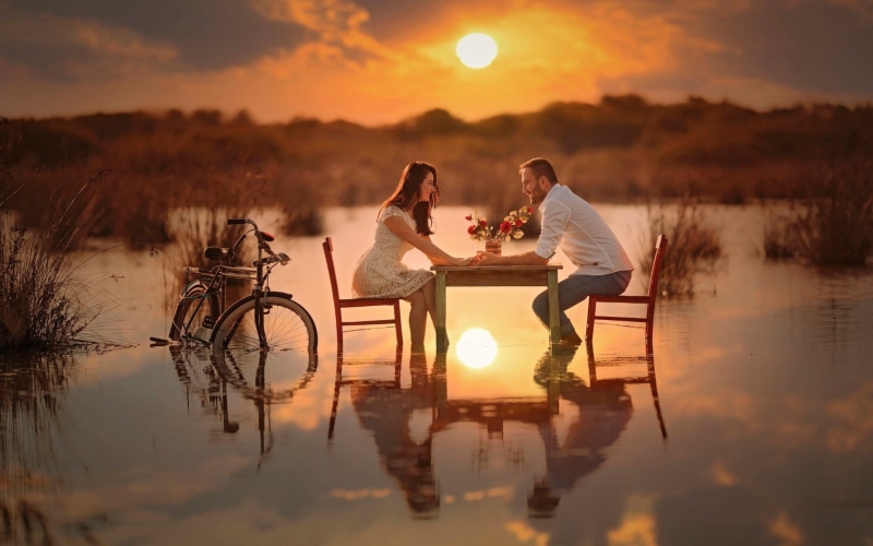 lake, positive emotion, s, dress, beauty in nature, bonding, two people, love, 1080P, heterosexual couple, women, white, couple - relationship, togetherness