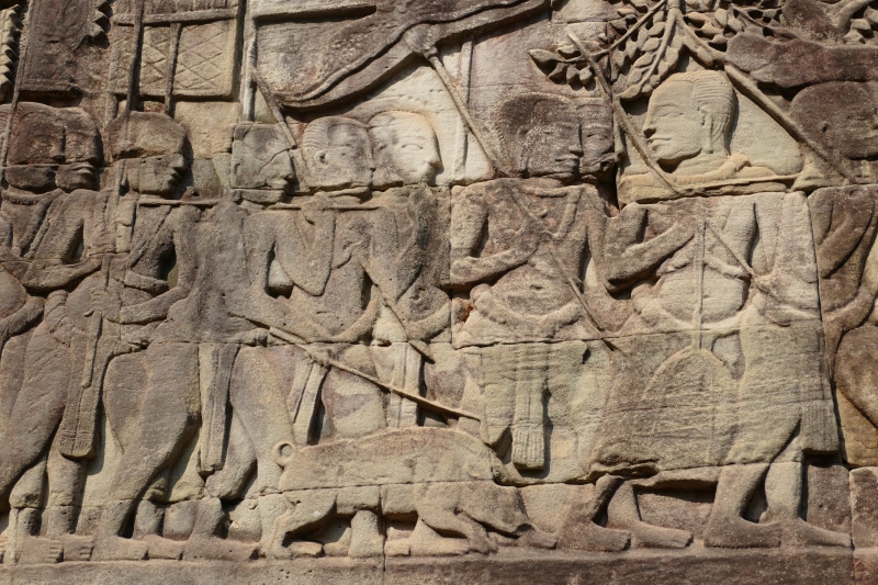 image, bas relief, temple complex, temple - Building, pig, human, close-up, creativity, craft, farm, solid, human representation, Cambodia, unesco, sculpture