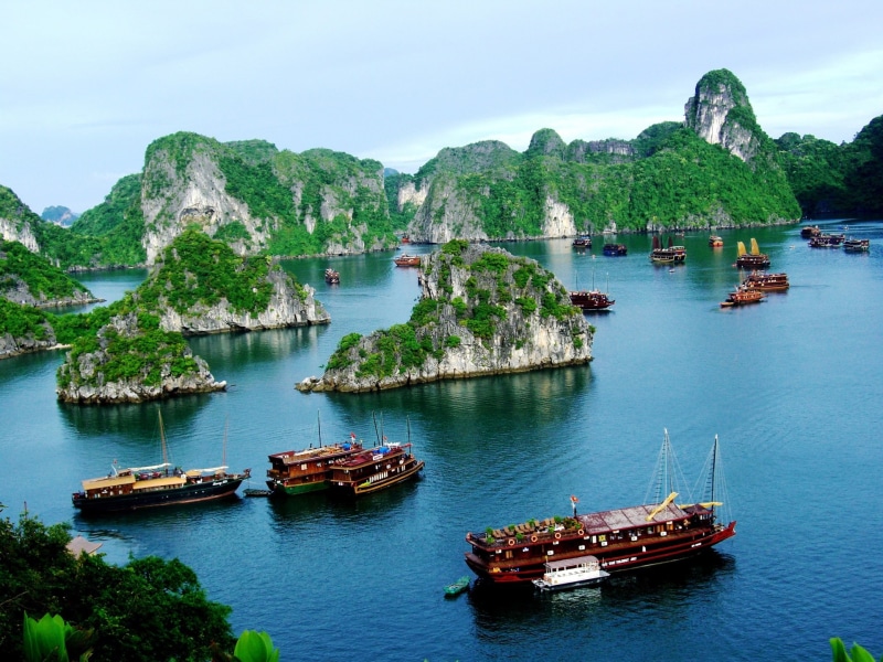 Boats, Vietnam, Clouds, 1080P, Halong, Mountain, Bay