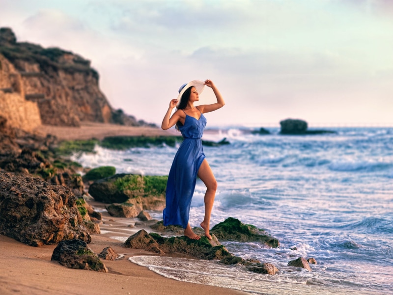 maxi, Blue, Sea, Coast, s, 1080P, women, Girl, strap, spaghetti, Rocks, Dress