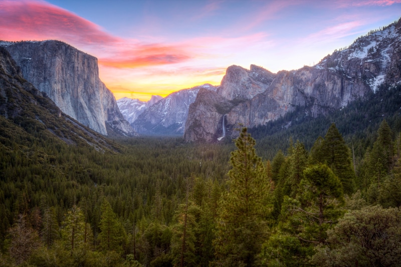Travel, California, United States, Sunrise, Vacation, trees, Yosemite Valley, yosemite, mountain Peak, tree, mountains, green, Vista, Falls, nature, valley